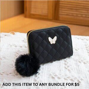 $5 ADD ON ITEM- Mini Black Quilted Wallet Butterfly Charm & Pom Pom Zipper Coin